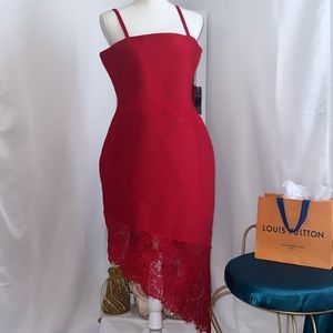 Red asymmetrical lace dress